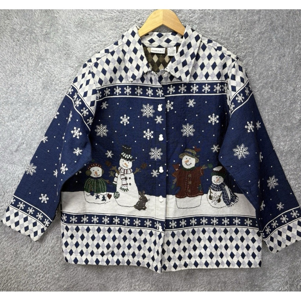 Fashion Bug Women's 18/20 Christmas Snowman Jacket Blue Tapestry Holiday VTG